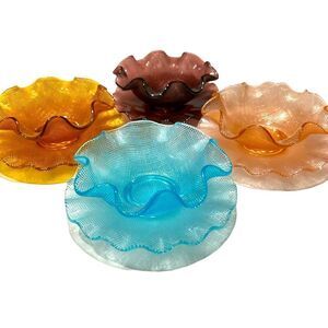 Set 4 Italian Colony Glass Berry Bowls and Saucers Waffle Pattern Ruffled 1960’s